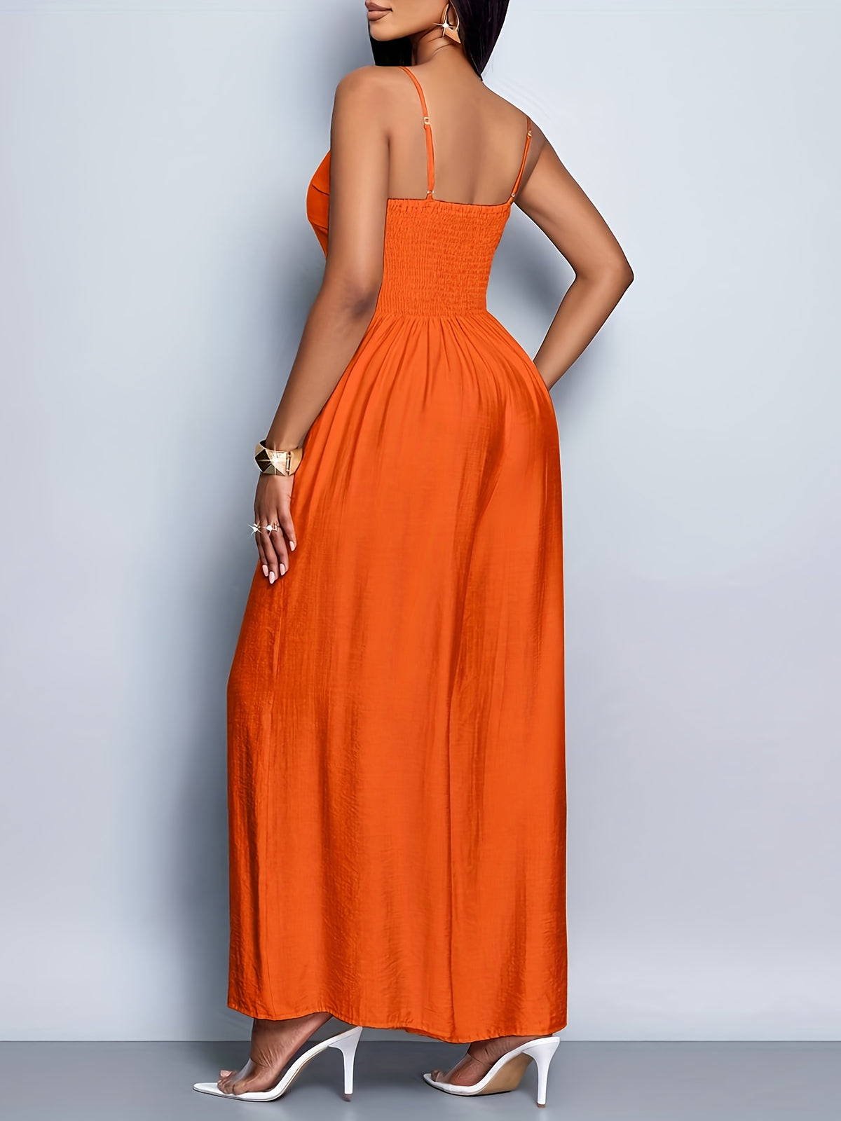 Women'S Draped Front Lace Up Backless Wide Leg Cami Jumpsuit | Elegant Solid Color, Sleeveless, Long Length, Suitable for Everyday Wear & Vacation - Coral