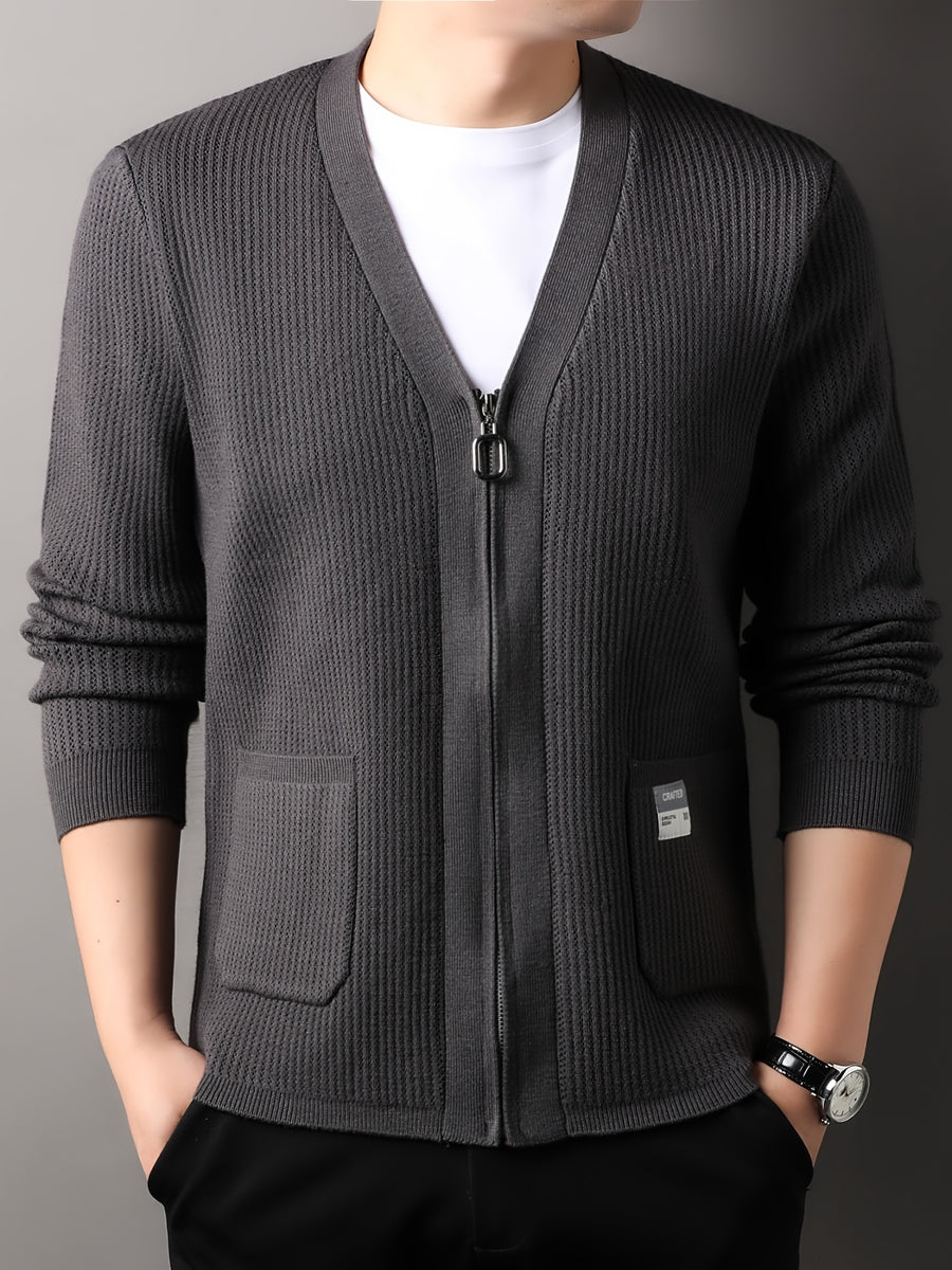 Men's Old Money Style Knit Cardigan Sweater Jacket - Solid Color V-Neck Zipper Front with Side Pocket, Open Front Zipper Suitable for Business Casual, Layering for Golf, Outdoor, Vacations, Spring/Autumn Wear, Versatile for Daily Outfits - Dark Gray