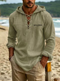 Men's Minimalist Textured Linen Long-Sleeve Hooded Top with "MILANO ITALY" Letter Print on the Front Chest for a Memorable Touch, Cross-Tie V-Neck for a Unique Style, Hooded Long Sleeves with an Arc-Shaped Hem, Suitable for Travel and Beach Strolls - Green