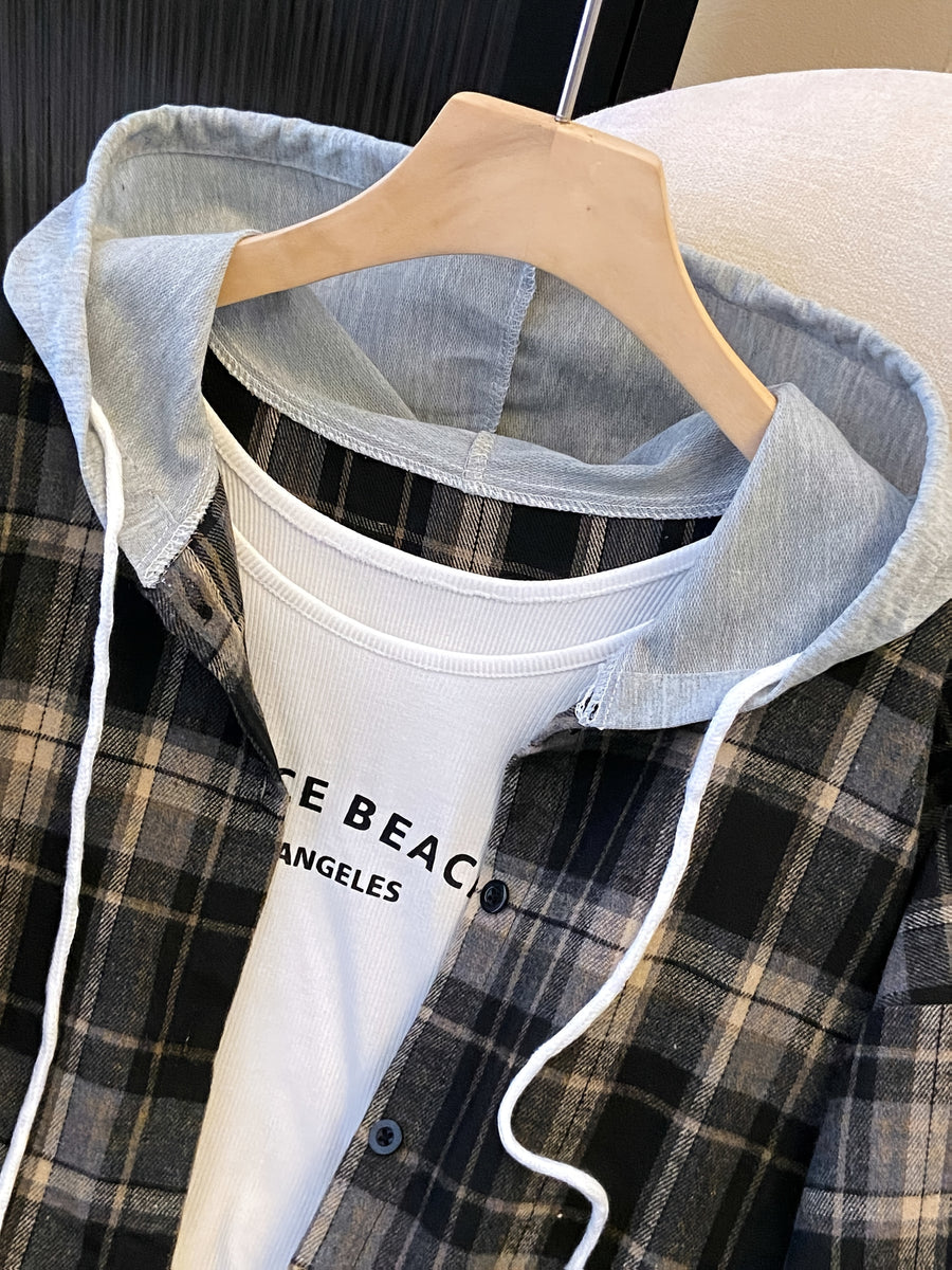 Plus Size, Spring Women's New Arrival Clothing, Autumn Women's Fashion Casual Wear, Plaid Hooded Long-Sleeve Shirt, Plus Size Women's Shirt, Oversized Top, Autumn Hooded Cardigan, Fashion Plaid Shirt, Korean Style Women's Clothing, Women's Winter - Black