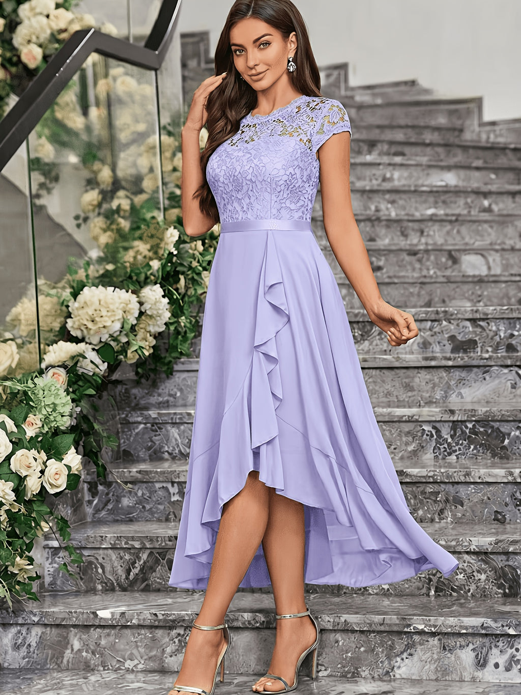 Global Latest Style French Christmas Exclusive Women'S Wear Elegant Dress Slim Lace Hollow Out Patchwork Solid Color No Print Wedding Guest Outfit Short Sleeve Round Neck Dress - Sky Blue