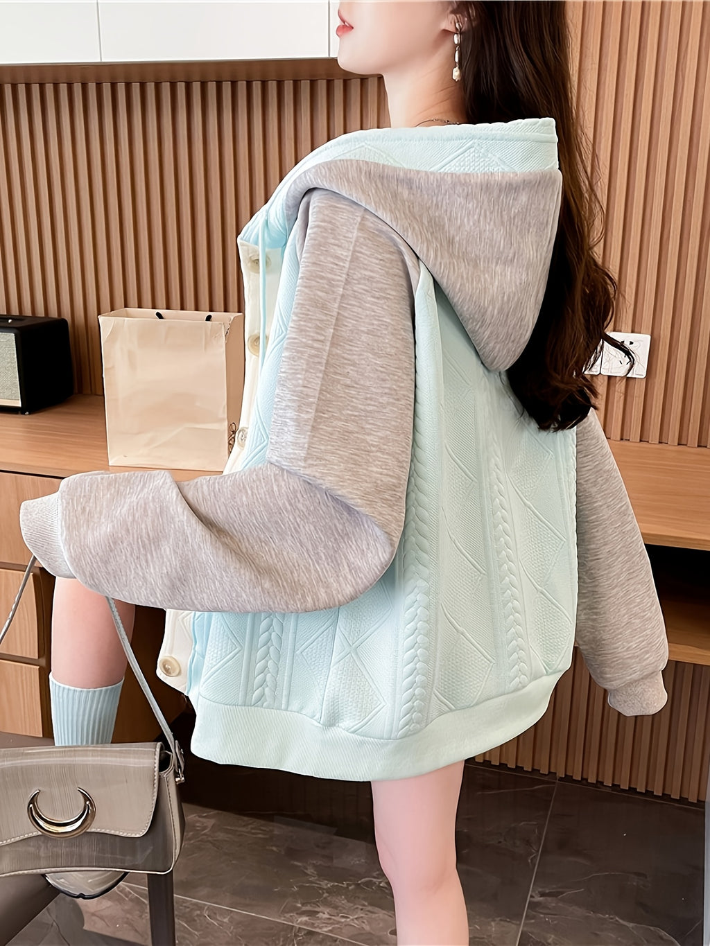 New Tri-Color Patchwork Drawstring Hooded Textured Fashion Sweatshirt for Women 9770 - Lake Blue