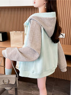 New Tri-Color Patchwork Drawstring Hooded Textured Fashion Sweatshirt for Women 9770 - Lake Blue
