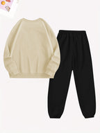 Women'S Casual Fleece-Lined Sweatshirt with a Round Neck And Matching Elastic Sports Pants Featuring a Leopard Print Design, Perfect for Autumn And Winter - Apricot Black