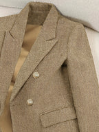 Retro Fashion Herringbone Twill Tweed Double-Breasted Suit Jacket - Khaki