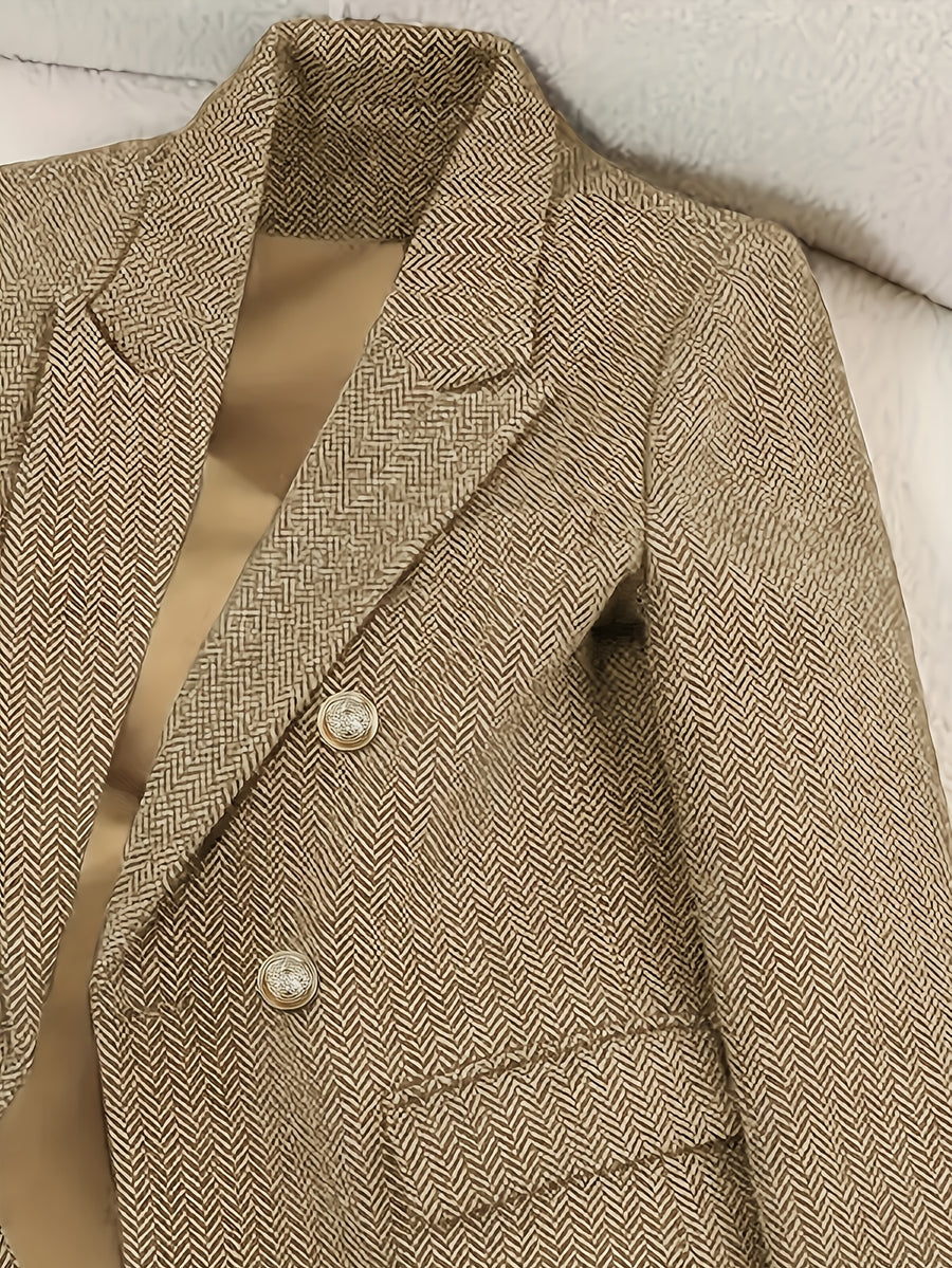 Retro Fashion Herringbone Twill Tweed Double-Breasted Suit Jacket - Khaki
