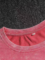 Summer Autumn Fashion Distressed Washed Short Sleeve Shorts with Drawstring Casual Women'S Set, Comfortable for Hot Weather, Classic Silhouette, Relaxed Fit, Casual Home And Outing Two-Piece Set - Red