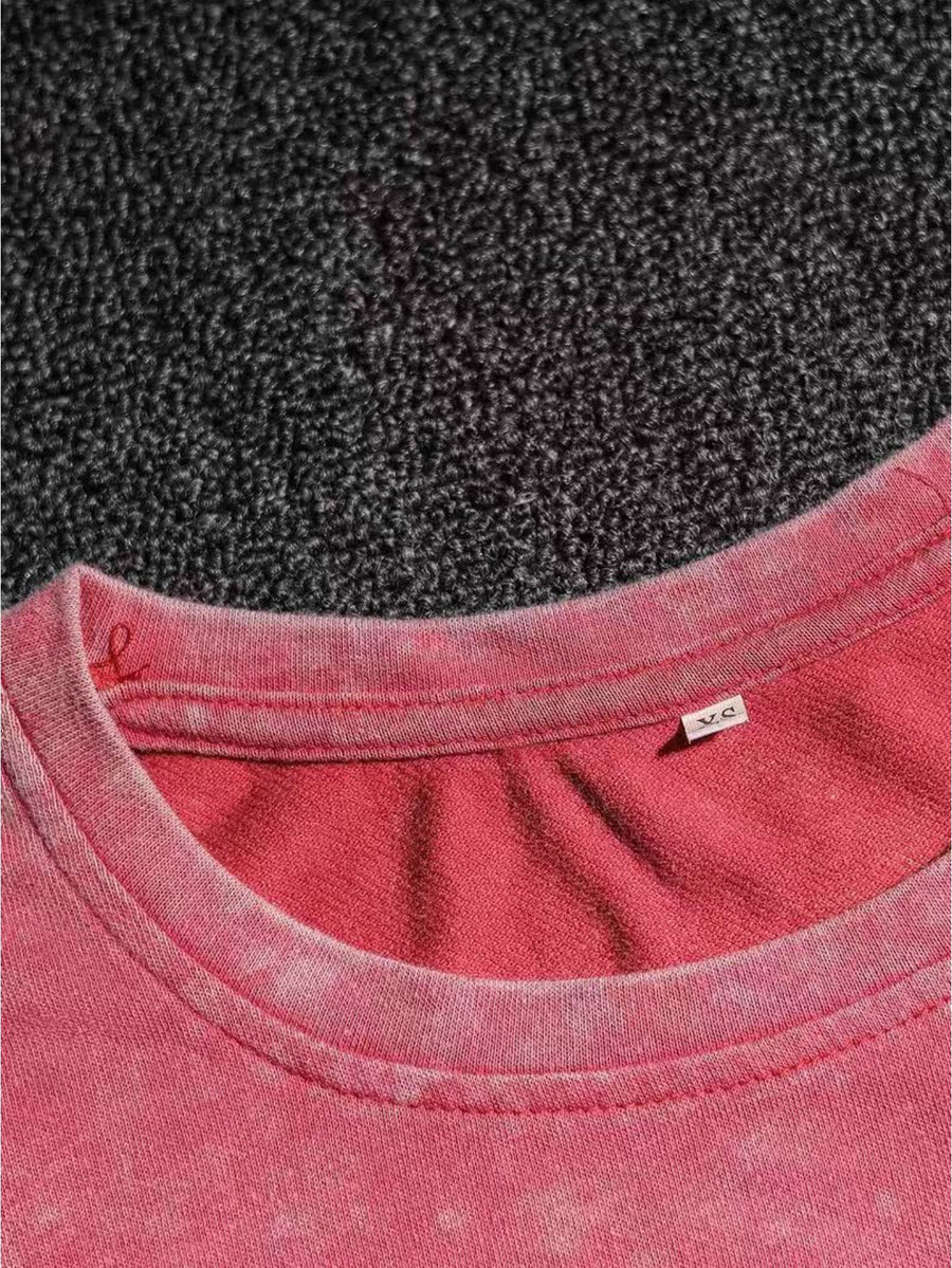 Summer Autumn Fashion Distressed Washed Short Sleeve Shorts with Drawstring Casual Women'S Set, Comfortable for Hot Weather, Classic Silhouette, Relaxed Fit, Casual Home And Outing Two-Piece Set - Red