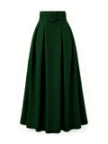 Elegant Women's Pleated Skirt for Daily and Holiday Wear, Christmas-Themed Color Palette, Elegant Korean-Style Belted Maxi Skirt - Dark Green