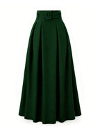 Elegant Women's Pleated Skirt for Daily and Holiday Wear, Christmas-Themed Color Palette, Elegant Korean-Style Belted Maxi Skirt - Dark Green