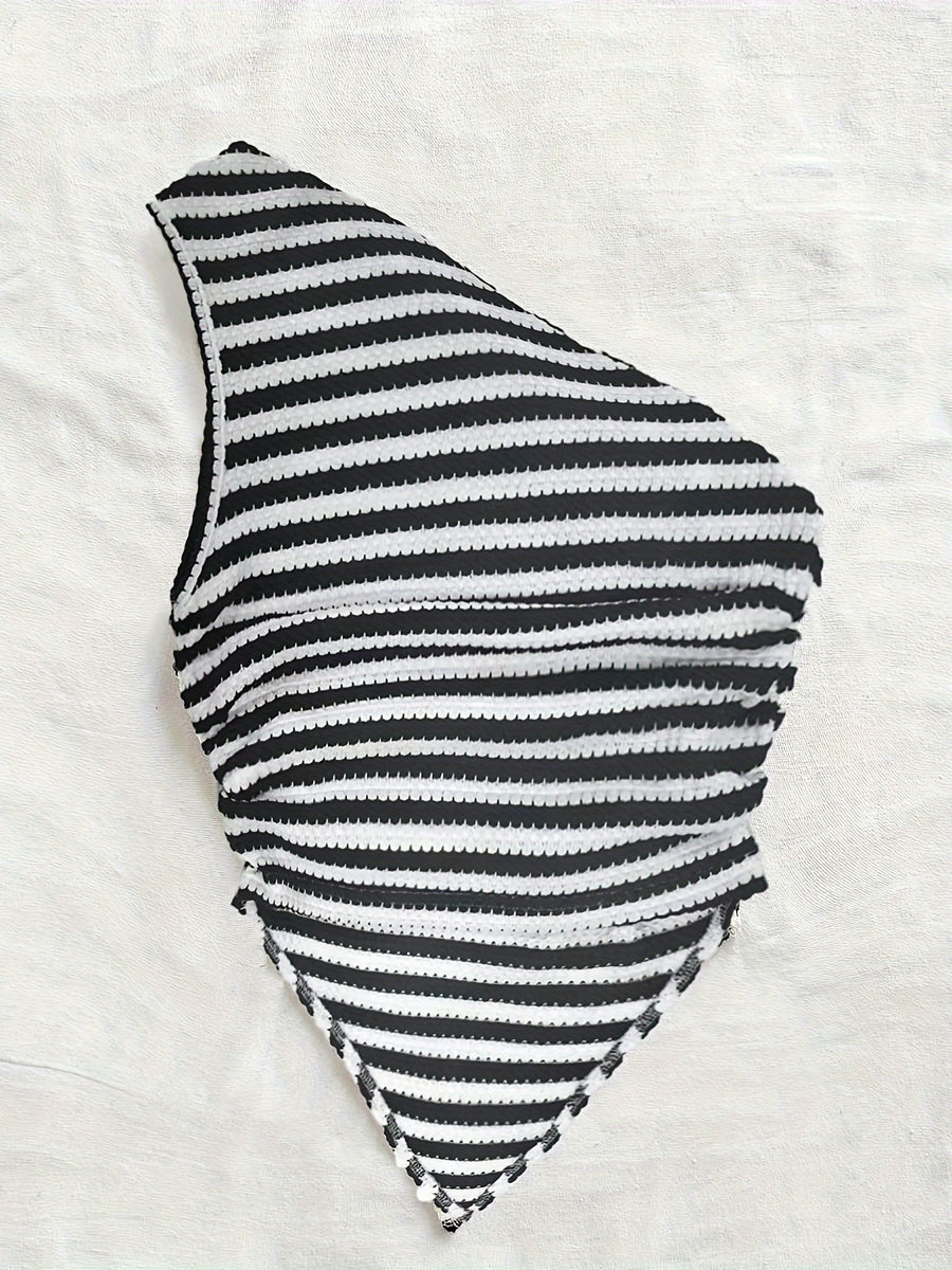 Off-The-Shoulder Striped Temperament Women'S Top - Black And White