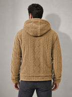 Men'S Plush Fleece Hooded Jacket, Full-Zip Long Sleeve Outerwear with Hand Pockets, Elastic Cuffs And Hem, Solid Color Textured Casual Jacket for Fall/Winter Daily Wear, Travel And Outdoor Activities - Khaki