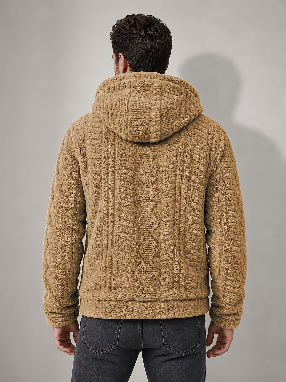 Men'S Plush Fleece Hooded Jacket, Full-Zip Long Sleeve Outerwear with Hand Pockets, Elastic Cuffs And Hem, Solid Color Textured Casual Jacket for Fall/Winter Daily Wear, Travel And Outdoor Activities - Khaki