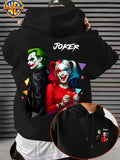 Warner Bros. American Comic-style Joker and Harley Quinn Back-to-back Design, JOKER Title Character with Heart Graphic and Colorful Triangle Accents, Trendy and Cool Printed Men's Fashion Hooded Sweatshirt, Sleeve Print Design, Kangaroo Pocket - Black