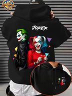 Warner Bros. American Comic-style Joker and Harley Quinn Back-to-back Design, JOKER Title Character with Heart Graphic and Colorful Triangle Accents, Trendy and Cool Printed Men's Fashion Hooded Sweatshirt, Sleeve Print Design, Kangaroo Pocket - Black