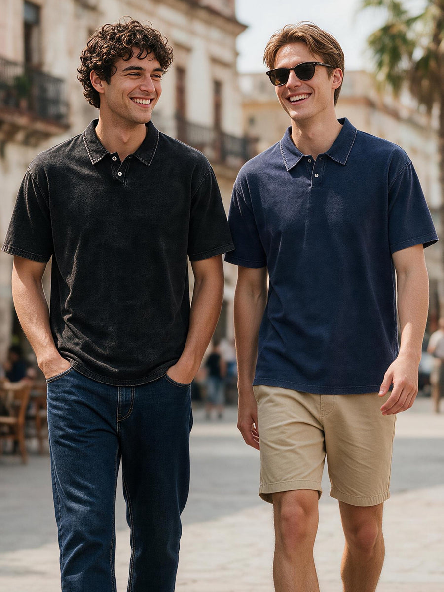 Two-pc More Cost-Effective Heavyweight Combed Pure Vintage Washed Distressed Polo Shirt for Men, Loose Fit Casual Short Sleeve Lapel, Latin American Style Daily Versatile Button-Up Top, Business Casual Commuter Lapel T-Shirt - Black Navy Blue