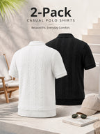 2pcs Men's Summer Jacquard Ribbed Lapel Loose Fit T-Shirt Golf Casual Business Versatile Knit Short Sleeve Polo Shirt - White+black
