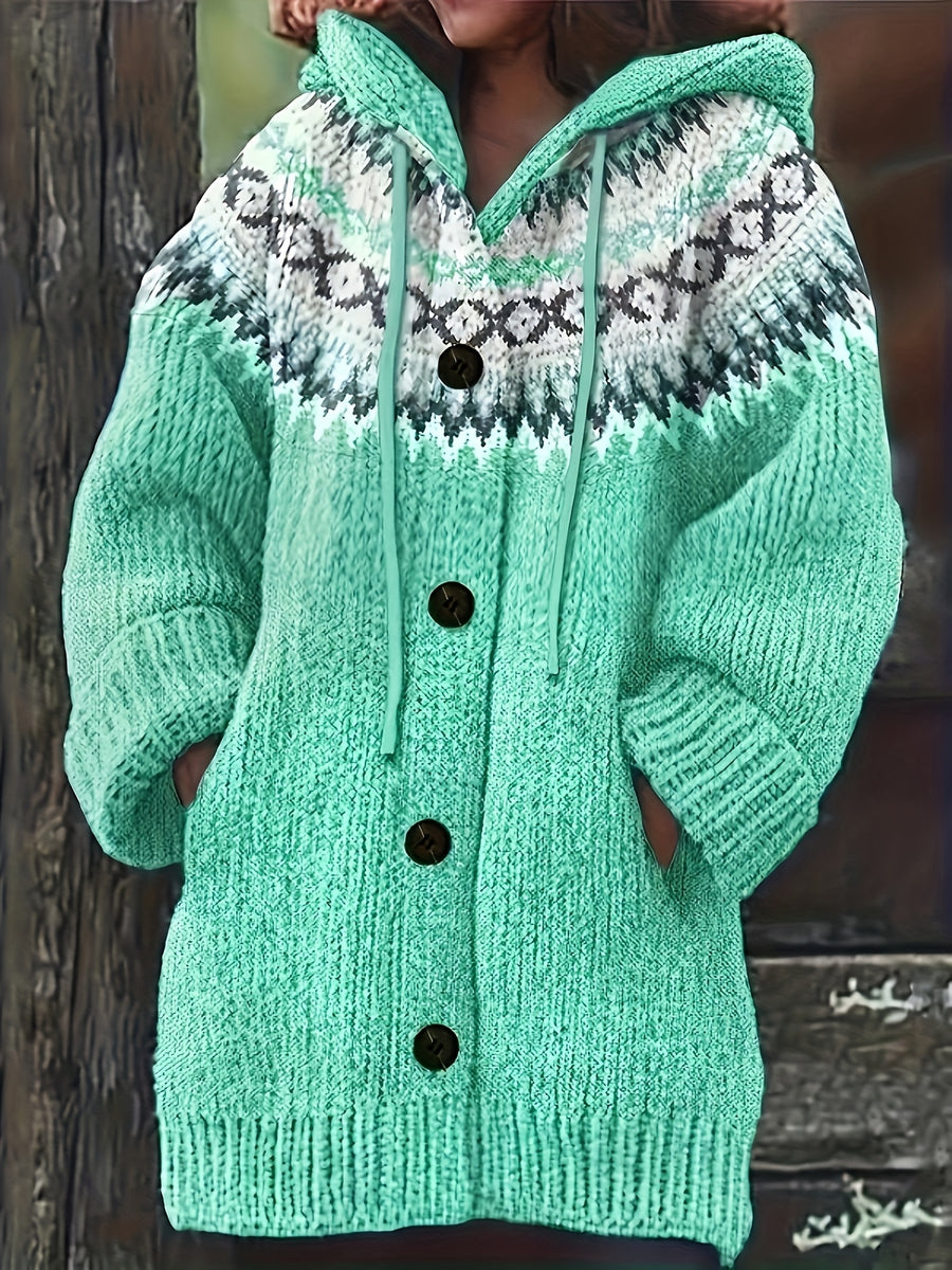 Fashionable Casual Long-Sleeve Hooded Cardigan for Women with Contrasting Colors And Pockets - Viridity