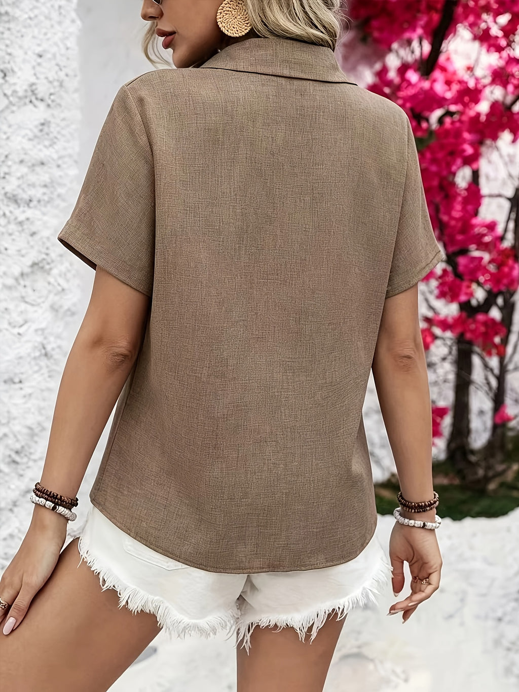 Women'S Casual Solid Color Short Sleeve Shirt, Spring Summer Blouse Short Sleeve Top - Khaki