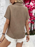 Women'S Casual Solid Color Short Sleeve Shirt, Spring Summer Blouse Short Sleeve Top - Khaki