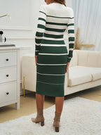 Autumn/Winter Thick Sweater Dress with Round Neck, Long Sleeves, Slim Fit, Hip-Hugging Maxi Dress, Elegant Temperament, Contrast Color Striped Inner Layer Fabric Dress - White + Green