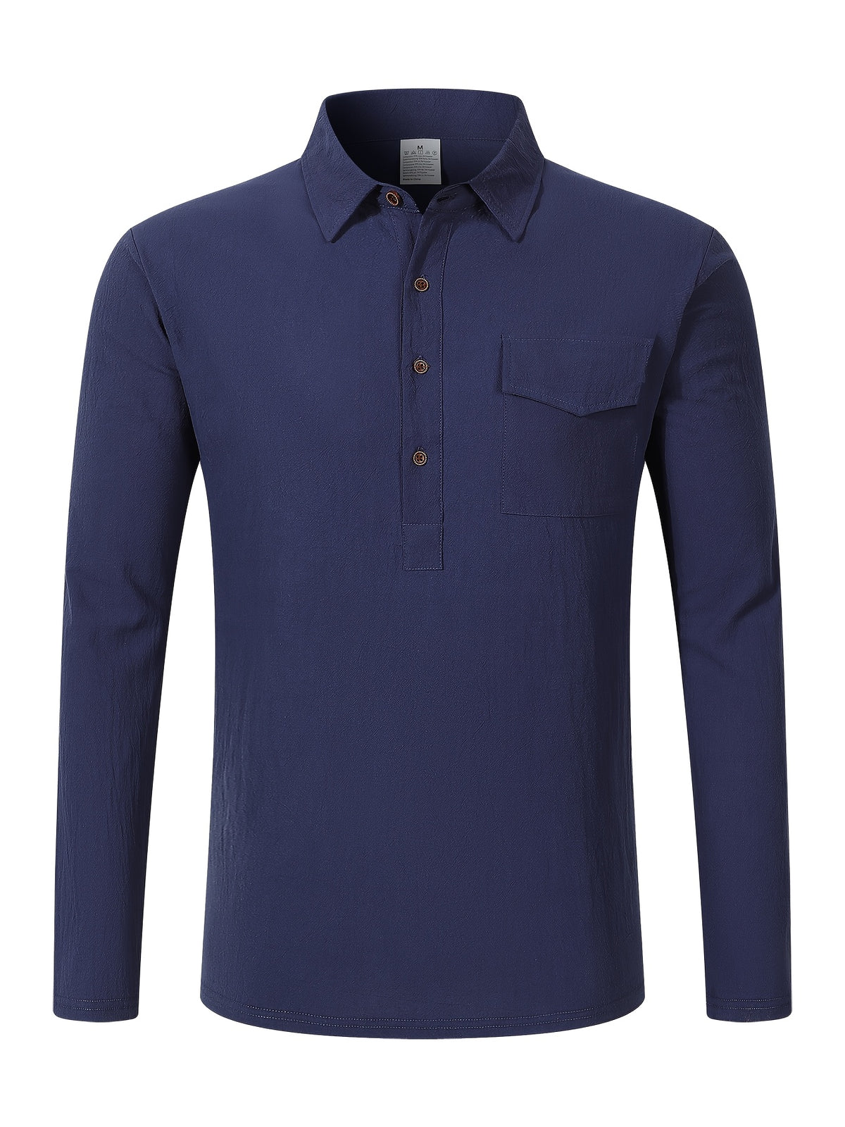 Men'S Pullover Long Sleeve Shirt 2pcs Set, Placket Half-Button Design Linen Shirt, All-Season Casual Commute Vacation Men'S Wear - Navy Blue+Sky Blue