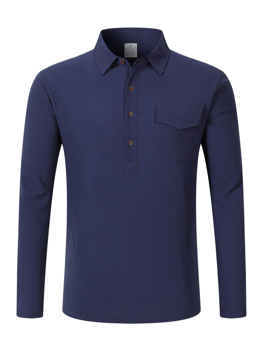 Men'S Pullover Long Sleeve Shirt 2pcs Set, Placket Half-Button Design Linen Shirt, All-Season Casual Commute Vacation Men'S Wear - Navy Blue+Sky Blue
