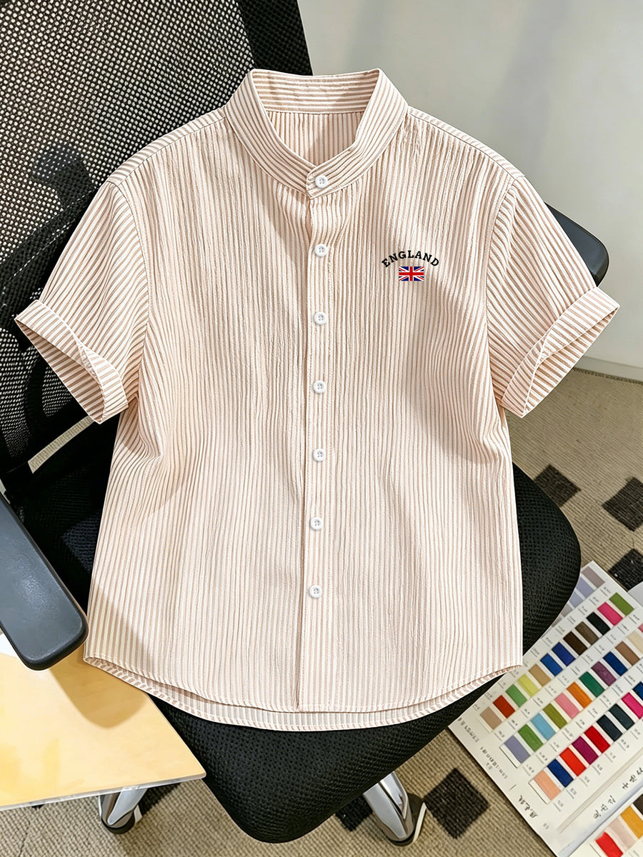 Men'S Striped Shirt with British Print, Breathable Striped Summer Shirt, Stand-Up Collar Design Suitable for Beach Outings And Casual Leisure, Beach Shirt, Outdoor Casual, Soft Texture, Vacation Wear - Khaki