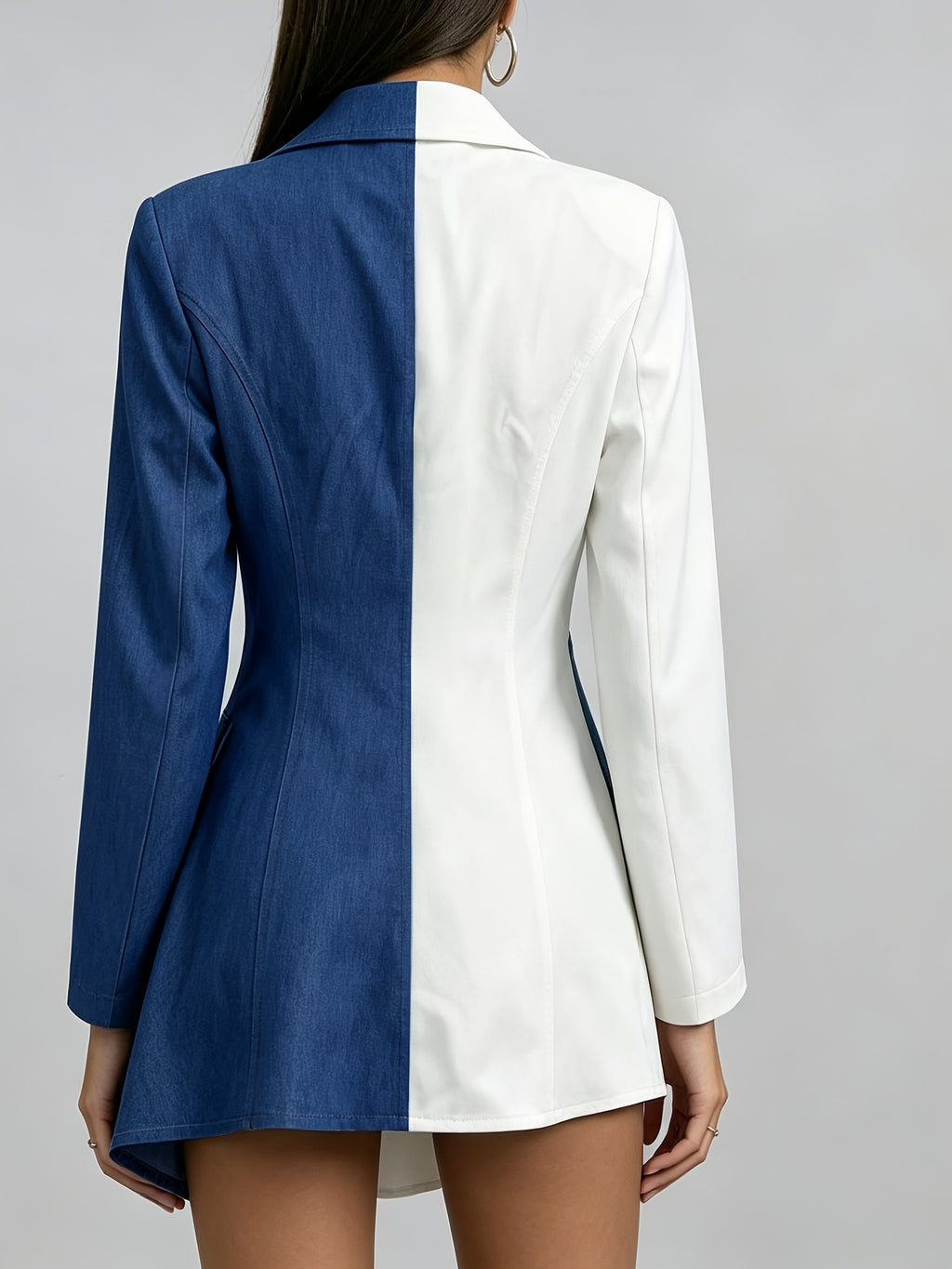 Vintage Elegant Blue and White Patchwork Imitation Denim Suit, Deep V-Neck, Waist-Cinching, Single-Breasted, Irregular Hem Jacket Kydx - Mixed colors