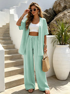 [Linen Blend Fabric, Not Pure Linen] Vacation Casual Set for Women, Summer Lightweight Breathable Beach Outing Relaxed Style Clothing, Loose Body-Covering Fashionable Versatile Lazy Style Daily Wear Short Cardigan And Side-Pocket Elastic Waist Long - Green
