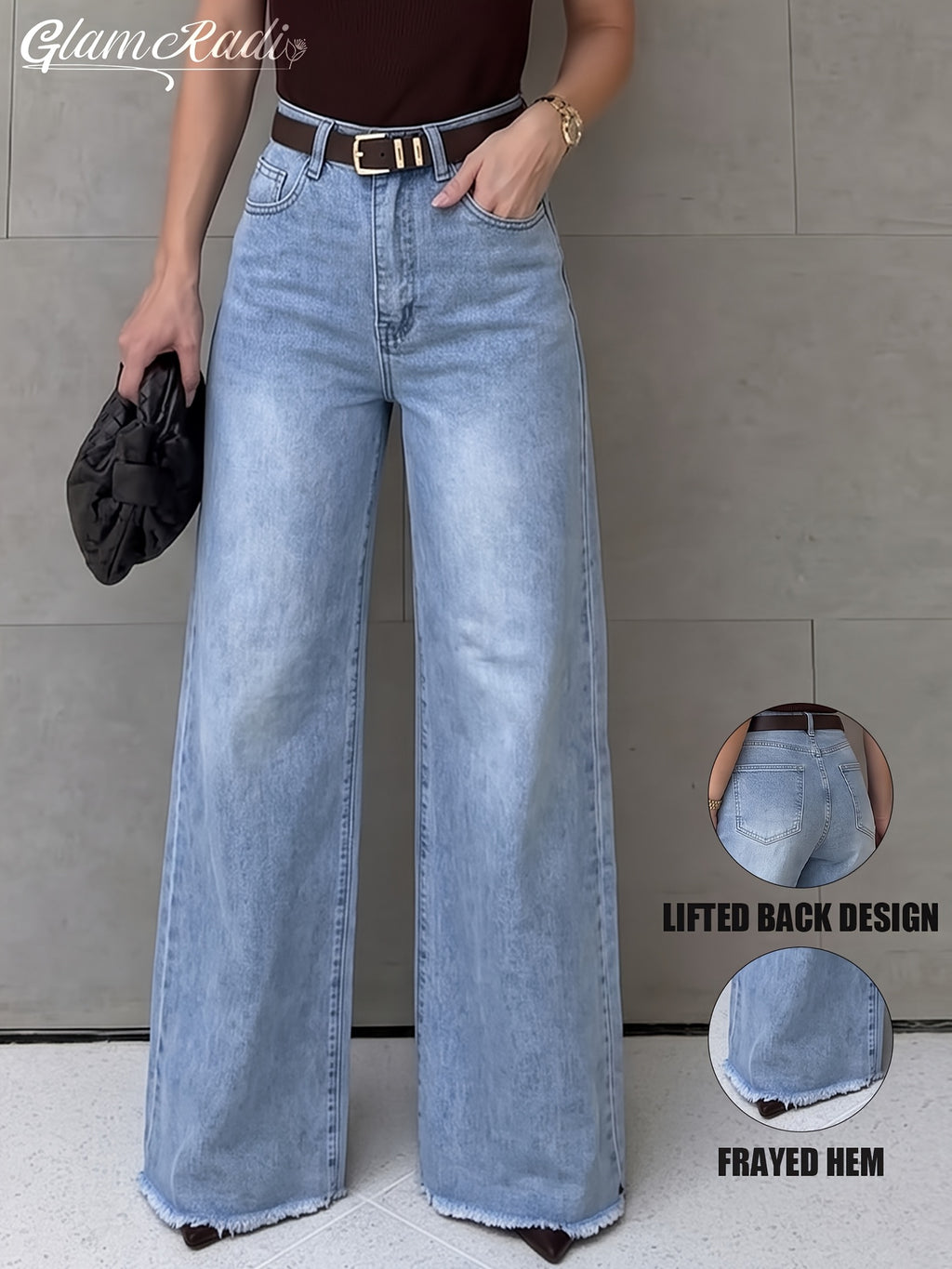 New Women's High-Waist Light Blue Washed Wide-Leg Jeans, Frayed Hem with Stretch Fabric, Loose, Soft and Comfortable Fit. Great for Shopping, Parties, Daily Commutes, Vacations, Festivals and Other Outdoor Occasions, Wearable All Year Round. - Light Blue