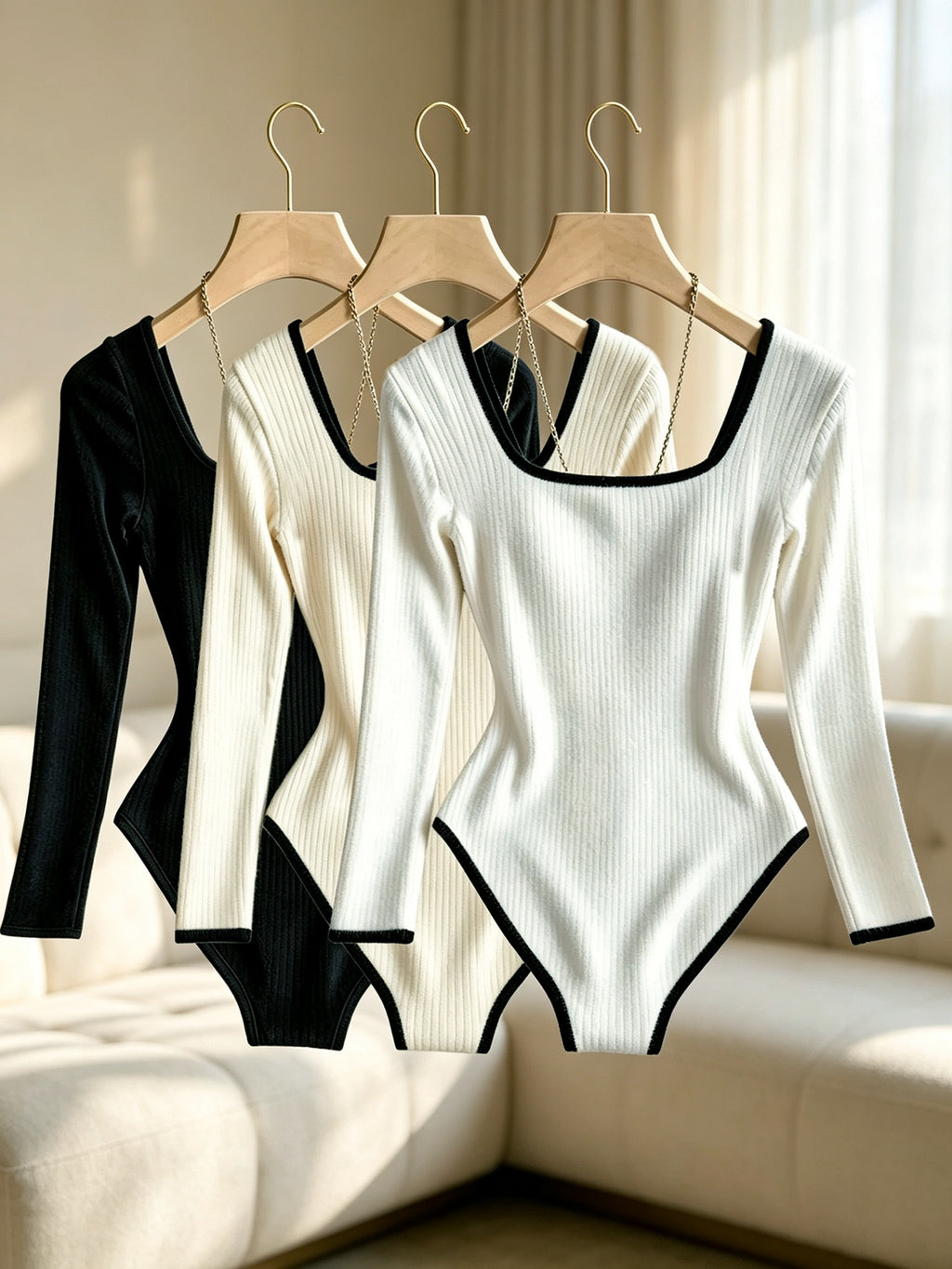 3pcs Women'S Elegant Square Neck Contrast Back Tight Jumpsuit, Brushed Ribbed Long Sleeve Top - Black+apricot+white
