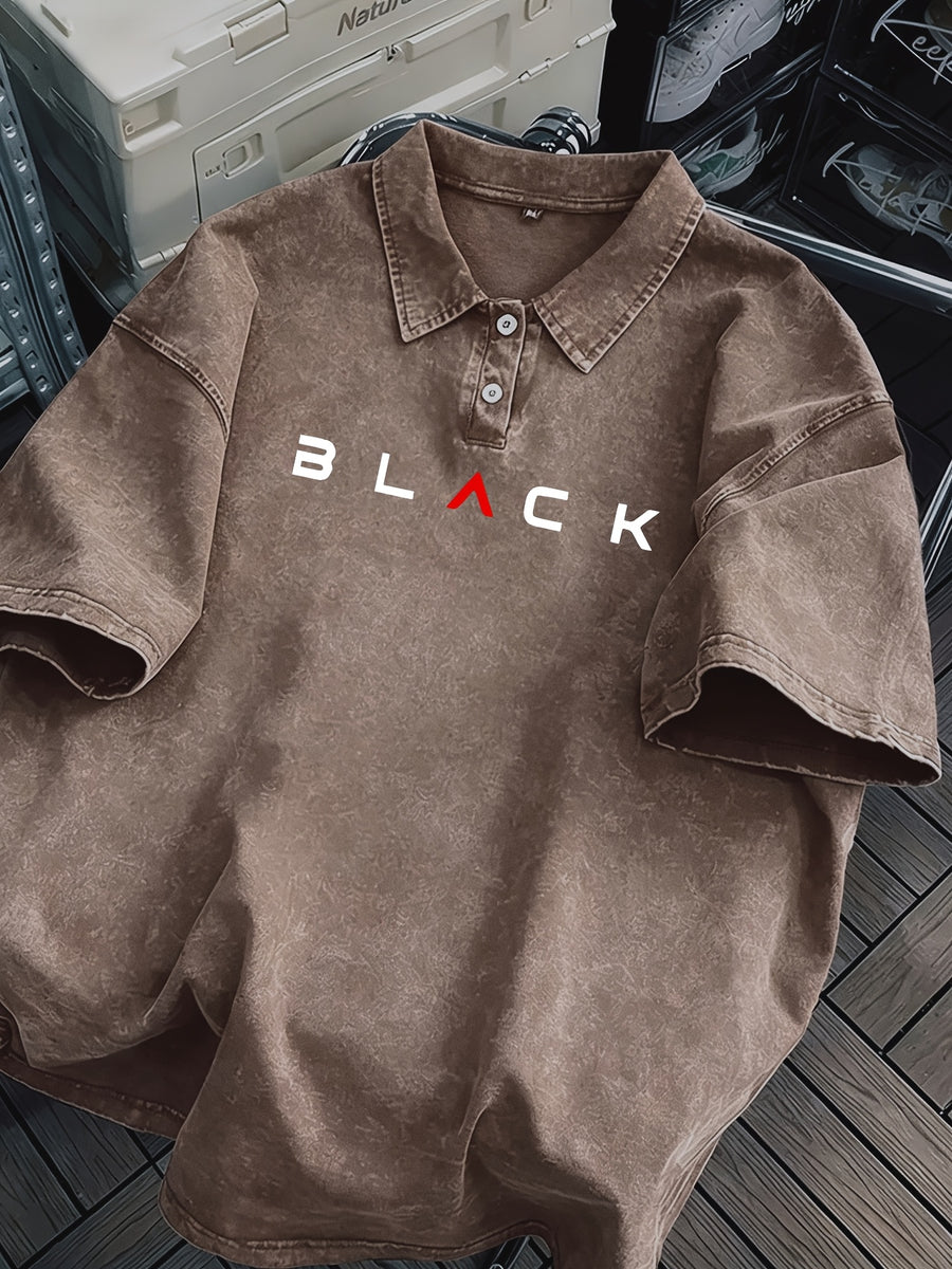 BLACK Print Men'S 100% Washed Solid Color Lapel Shirt Short Sleeve T-Shirt - Retro Distressed Design, Lightweight And Breathable Fabric, Streetwear Trendy Loose Top, Suitable for Casual Wear And Layering - Brown
