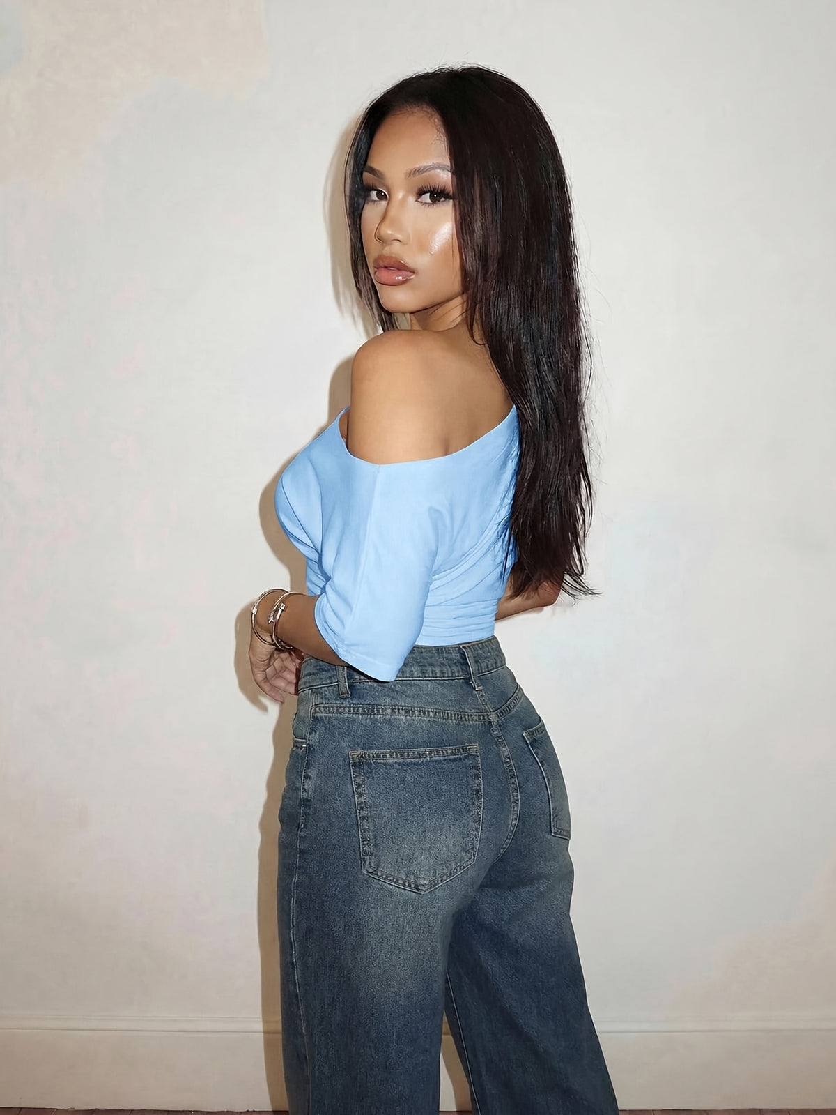 Spring Summer Vacation Beach Elegant Romantic Sexy Party Date Birthday Party Casual Elegant Off-Shoulder Loose Waist Pleated Solid Color T-Shirt Top - Sky Blue
