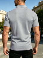 Men'S Waffle Polo Shirt, Zipper Collar Design Short Sleeve T-Shirt, Summer Casual Daily Commute Versatile Top - Grey