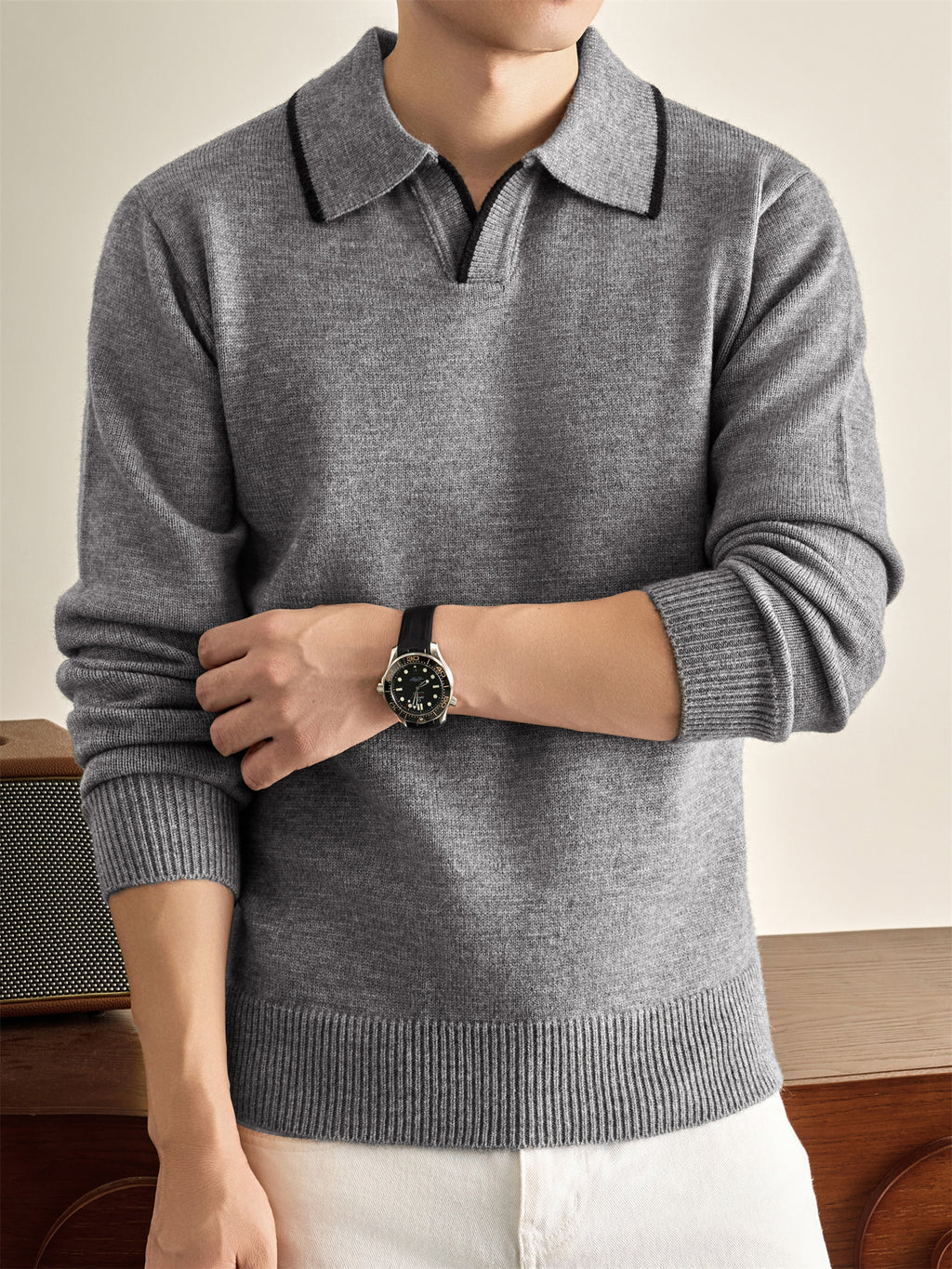 Autumn Winter Knit 3D Solid Color Lapel Polo Sweater, Basic Knit Pullover Top for Men, Fashionable Long Sleeve Sweater, Size S - Light Grey