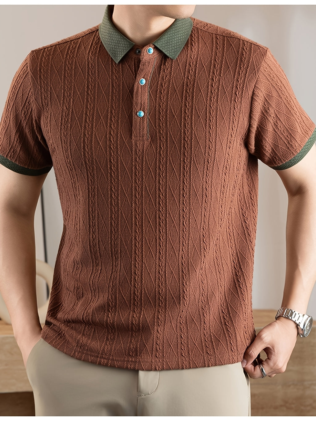 Men's Embossed Jacquard Short-Sleeve Polo Shirt, Available in Multiple Colors, Featuring a Textured, Fine, and Skin-Friendly Fabric with Contrast-Color Lapels. Suitable for Business Commuting, Business Trips, Receiving Guests, Golf, Fishing - Coffee Color