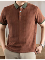 Men's Embossed Jacquard Short-Sleeve Polo Shirt, Available in Multiple Colors, Featuring a Textured, Fine, and Skin-Friendly Fabric with Contrast-Color Lapels. Suitable for Business Commuting, Business Trips, Receiving Guests, Golf, Fishing - Coffee Color