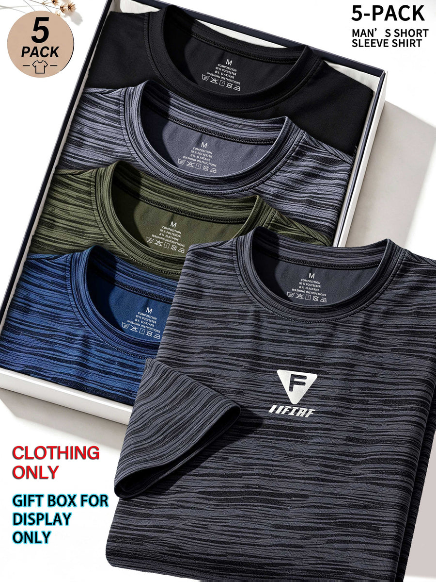 5pcs Men's Sports & Fitness Breathable Quick-Dry T-Shirts, Outdoor Travel Casual Running Printed Short-Sleeve Tees, Easy to Clean and Maintain, Lightweight T-Shirts for Daily Leisure and Gatherings, Classic Crew Neck Shirts - Dark Gray + Dark Blue + Army Green + Light Gray + Black