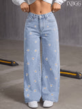 Vintage Washed Blue Floral Embroidered Loose Wide-Leg Straight-Leg Jeans, Fashionable Casual Spring/Summer Style - Light Blue