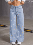 Vintage Washed Blue Floral Embroidered Loose Wide-Leg Straight-Leg Jeans, Fashionable Casual Spring/Summer Style - Light Blue