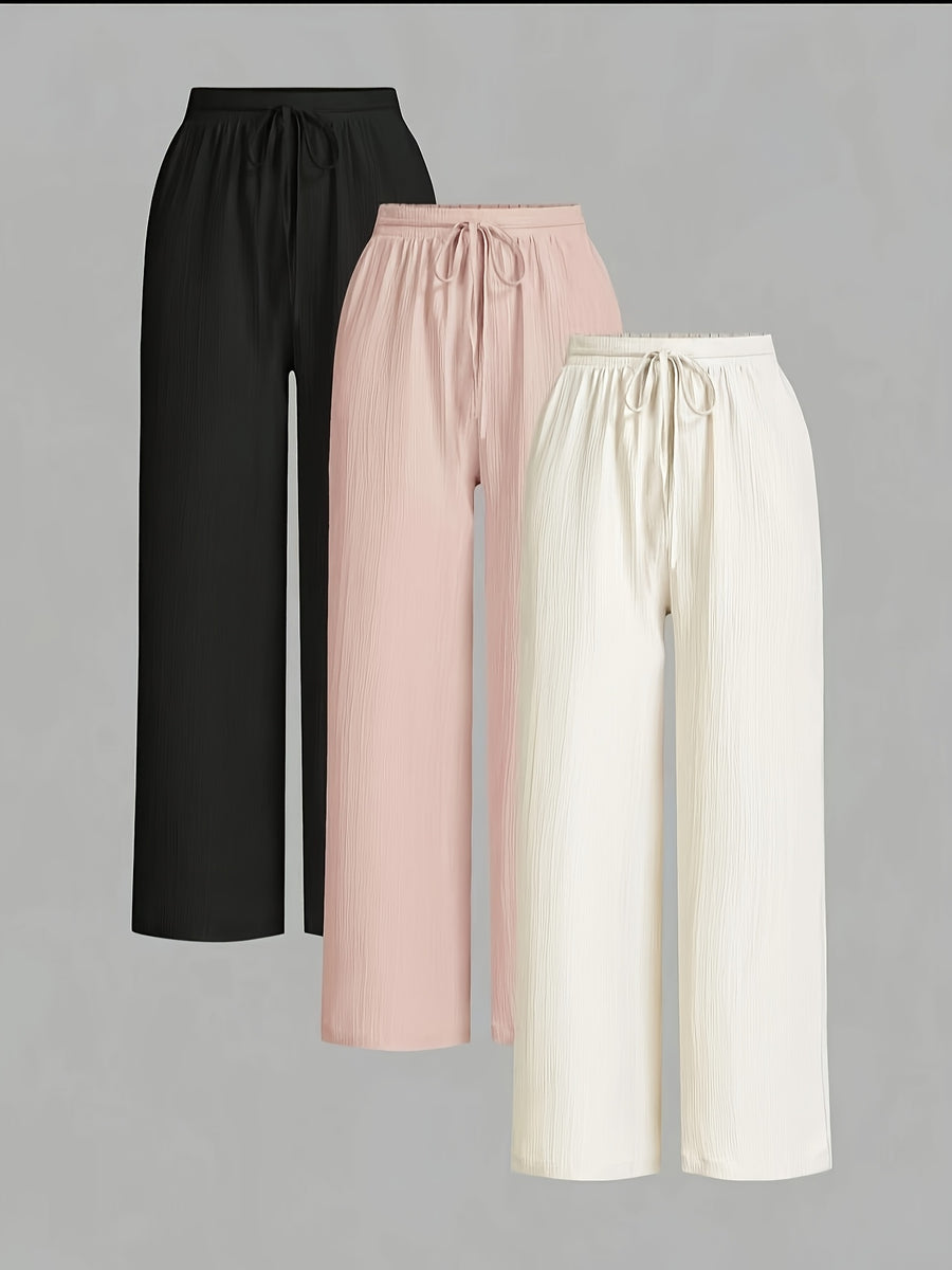 3pcs Elegant Wide-Leg Pants - Solid Color Lightweight Summer Trousers with Wide Leg Opening & Drawstring Waist, Machine Washable Non-Stretch for Casual, Office, Semi-Formal Wear (3pcs) - Black+light pink+white