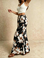 Women's Daisy Print High-Waisted Mermaid Skirt with Drawstring Elastic Waist, Draped and, Vacation Style Maxi Dress - Black
