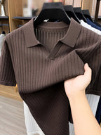 Du Jing Lan OBM 3pcs Set: New Spring/Summer Men's Knitted Pullover, Old Money Style Solid Color Plaid Openwork Breathable Short-Sleeve T-Shirt, Men's Business Casual Fashion Half-Placket Lapel Knit Polo Shirt Base Layer Top. Suitable for Wearing - Coffee+Black+White