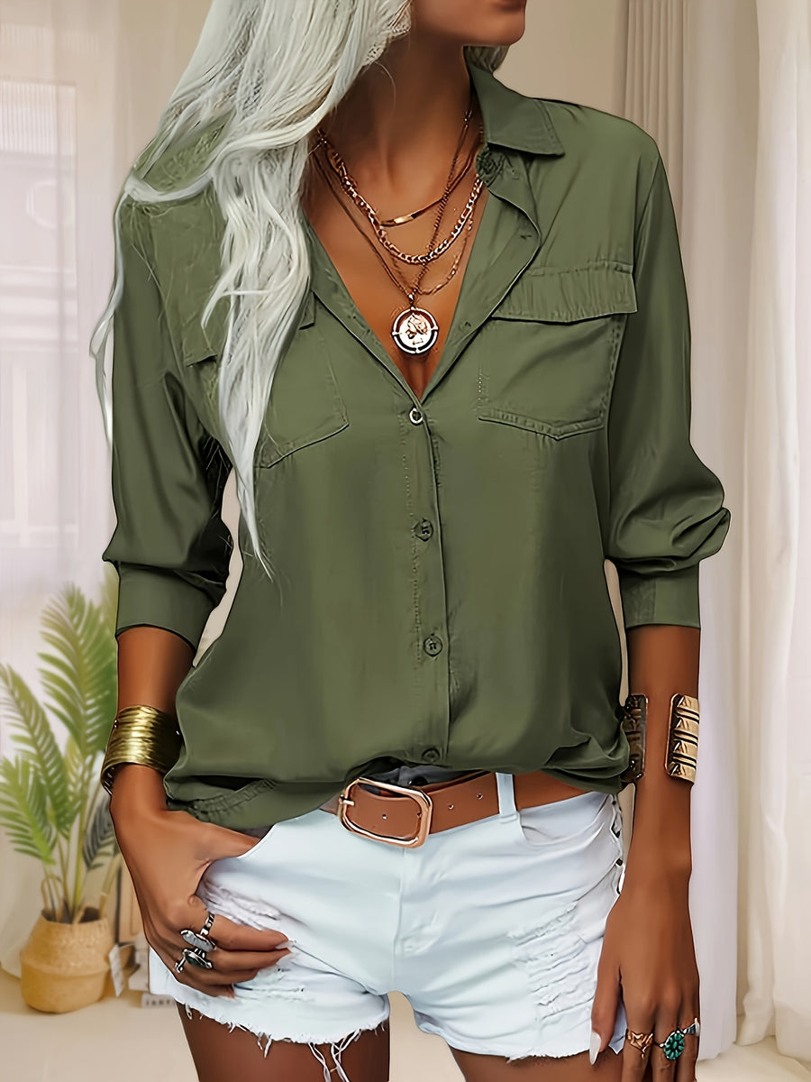 Women'S Double Bag Cover Blanket-Breasted Button Lapel Shirt, Soft Fabric Comfortable Cool Elegant Style Daily Style Casual Style Spring And Summer Style Summer Style - Olive Green