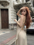 Elegant Solid Color Bohemian Party Pleated Backless Tie-Up Set Beach Spring - Apricot