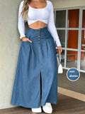 [Printed Pants - Not Denim Fabric] Spring/Autumn Vintage Latin American Style High-Waist Slit Skirt with Large Pockets, Non-Denim - Blue