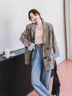 Gray Checkered Suit Jacket Design-Driven Street Style Loose Casual Graffiti Print Blazer - Multicolor