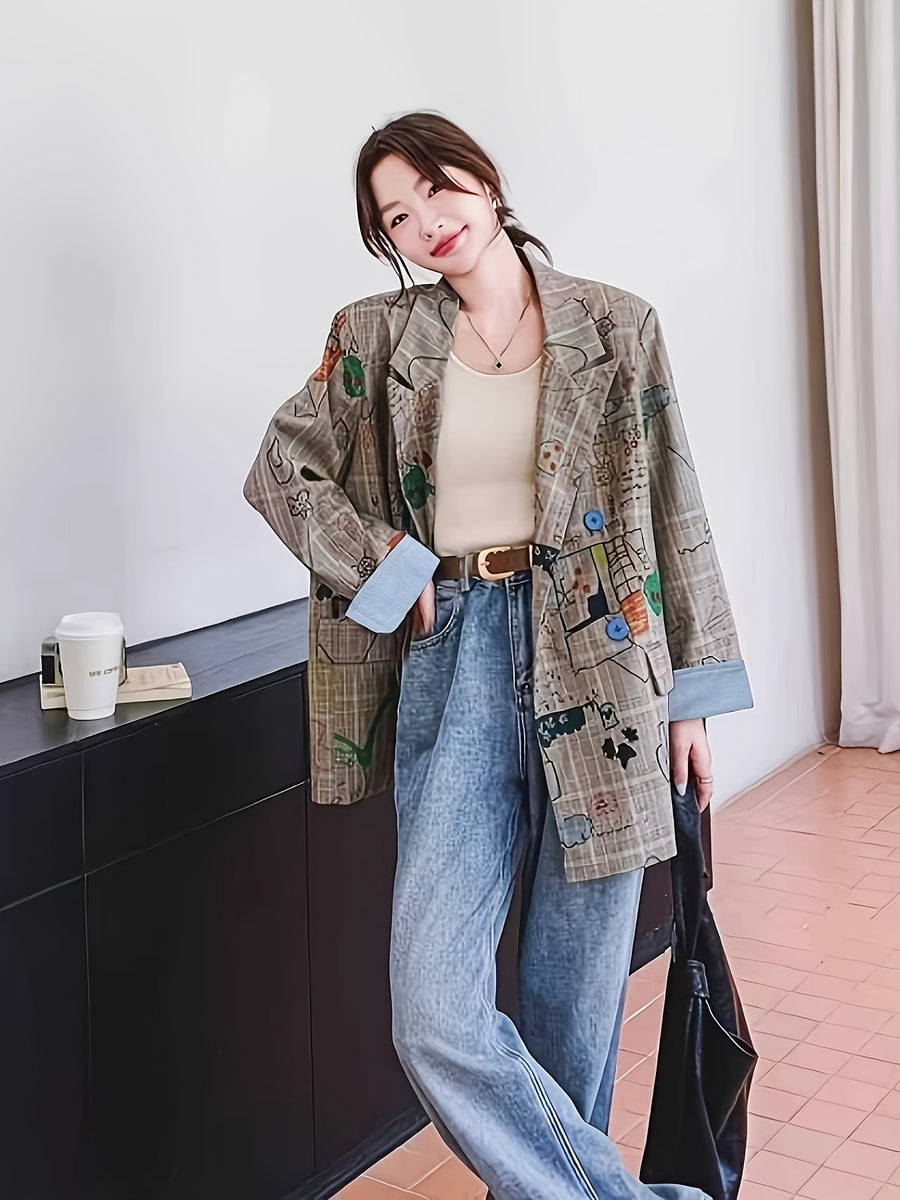 Gray Checkered Suit Jacket Design-Driven Street Style Loose Casual Graffiti Print Blazer - Multicolor