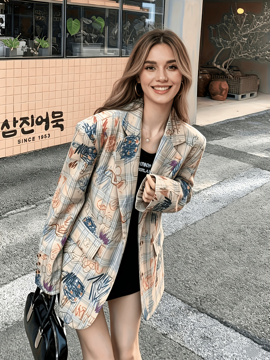 Design-Oriented Graffiti Print Statement Blazer Women'S Unique Special Trendy All-Match Suit Top - Multicolor